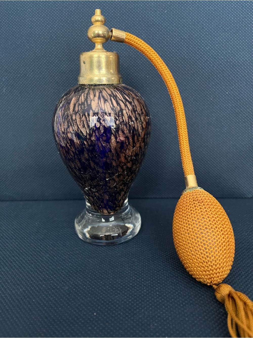 Iridescent Heart Blown Glass Perfume Bottle & Navy/Bronze Blown Glass Atomizer - Picture 3 of 3